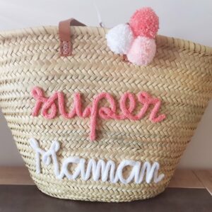 Cabas/panier super maman saumon et blanc avec 3 Pompons